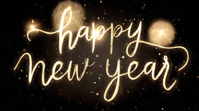 Happy New Year text with sparkling golden glitter and bokeh lights festive greeting for celebration and holiday events isolated on black background