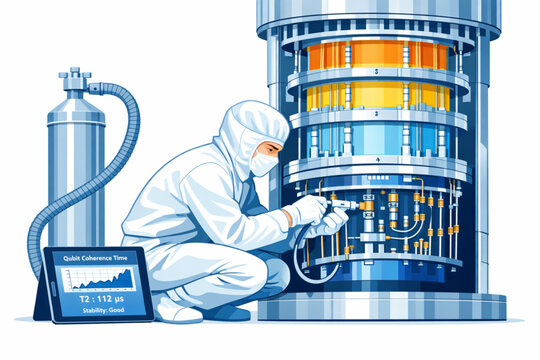 Quantum Computing Engineer Calibrating Qubit System in Dilution Refrigerator Lab