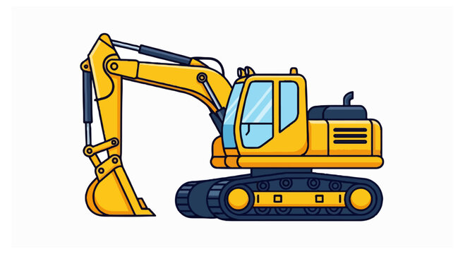 A yellow hydraulic excavator with a front-facing digging bucket and a glass cabin sits on heavy black caterpillar tracks against a plain white background.