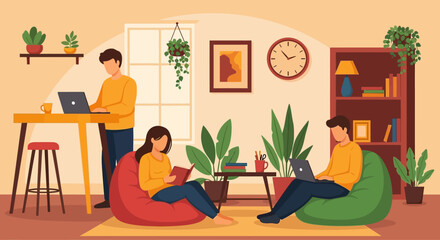 Fototapeta premium Young people working and studying together in a cozy living room environment.