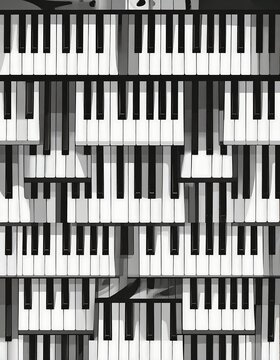 A monochrome image of fragmented piano keys