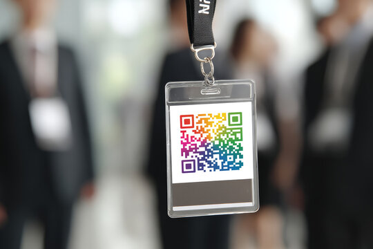Qr code badge conference pass lanyard networking business event contact sharing identification card corporate blurred background colorful pattern
