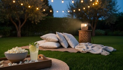Fototapeta premium Outdoor movie night setup in a cozy backyard garden with a projector, popcorn, and string lights for a leisure and home entertainment concept at dusk