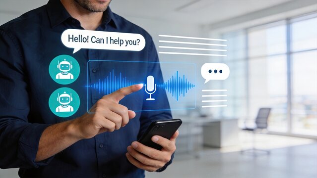 Man using smartphone with virtual voice assistant interfaceartificial intelligence chatbot customer service concepthologram display showing microphone and soundmodern office