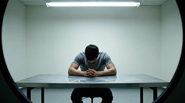 A stressed male suspect sitting alone at a metal table in an interrogation room viewed through a two-way mirror