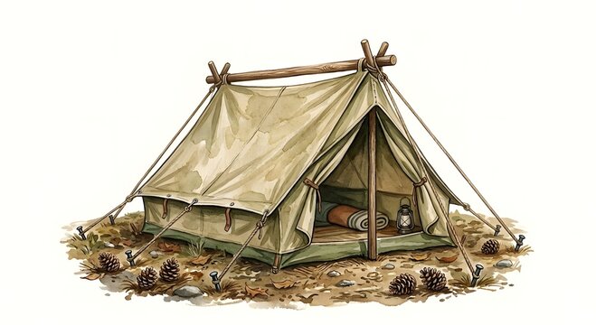 Vintage watercolor illustration of a classic canvas camping tent with wooden poles and a lantern. Rustic bushcraft shelter on a forest floor with pinecones and autumn leaves.