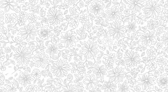 Delicate Floral Line Art Pattern Seamless Background, Botanical Sketch