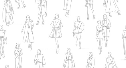 Obraz premium Fashion Sketch Pattern: Elegant Women in Stylish Outfits, Line Art Design