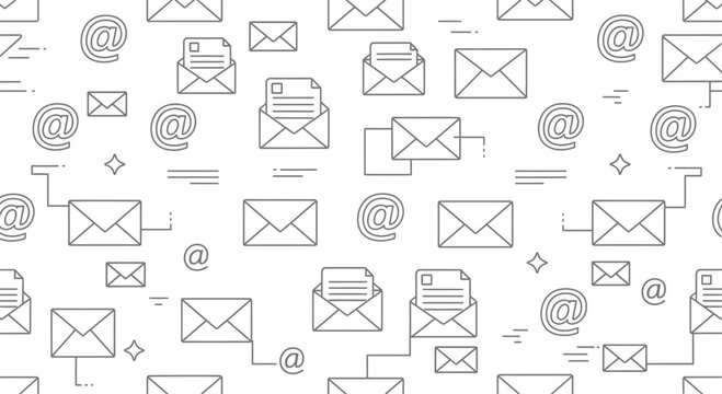 Email communication pattern, envelopes, @ symbol, messages, digital correspondence