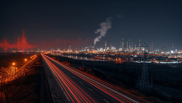 夜の都市近郊にエネルギー相場線が浮かぶ経済イメージ写真