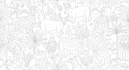 Obraz premium Jungle Animals Line Art Seamless Pattern: Coloring Page Background