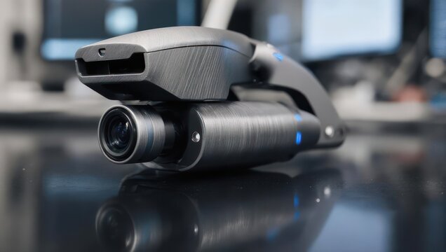 Sleek, dark-grey electronic device with a lens, blue lights, and intricate design, reflecting light