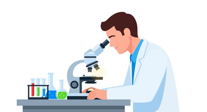 Scientist examining sample under microscope in laboratory setting.