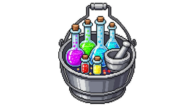 Pixel Art Potion Bucket With Mortar And Pestle.