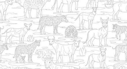 Seamless Pattern of African Wildlife Animals Line Art Coloring Page © Alis