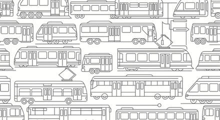 Seamless pattern of urban trams and trains, line art illustration.