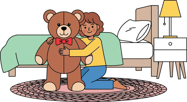 Child Hugging Teddy Bear in Bedroom
