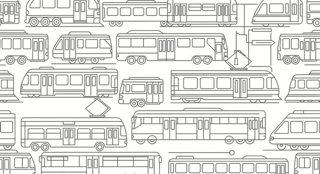 Seamless pattern of urban trams and trains, line art illustration.