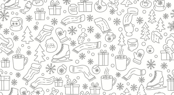 Winter Pattern: Gifts, Scarves, Mittens, Hot Drinks, Snowflakes & Skates - Line Art