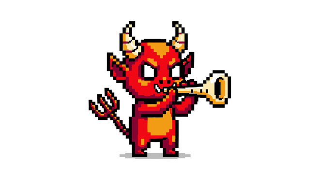 Pixel Art Red Devil Character Playing Trumpet.