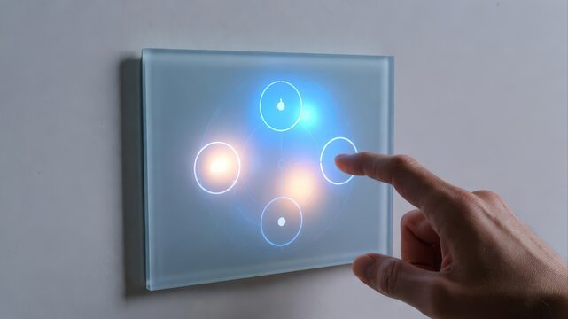 Finger pressing glowing smart home wall control panel