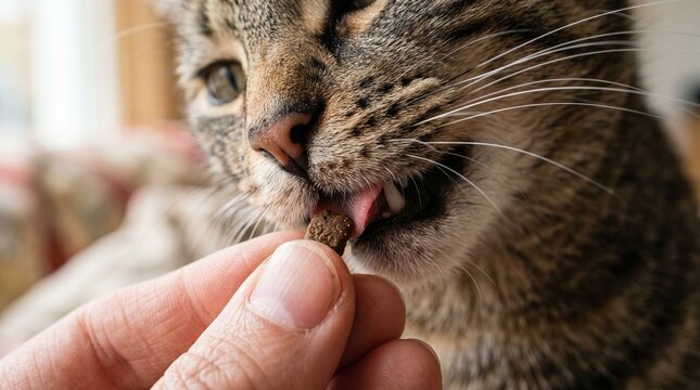 Close-up of a tabby cat eating dry food from a human hand, focus on muzzle and tongue.