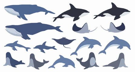 Ocean mammals vector set with whale killer whale stingray and cartoon sea animals isolated on white background © MstMonalisa