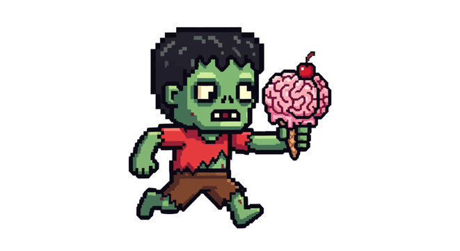Pixel Art Zombie Character Holding Brain Ice Cream Cone.