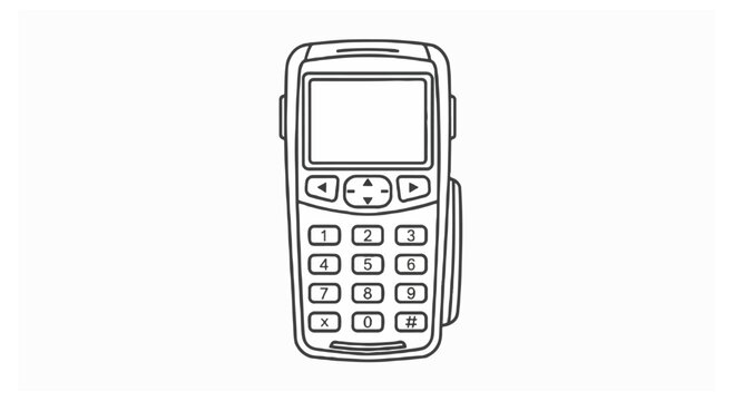 A detailed line drawing of a mobile credit card machine showing a blank rectangular screen and numeric keypad against a solid white background.