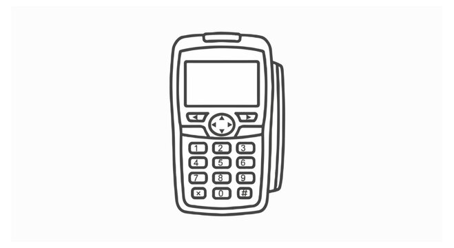 A clean line art illustration of a handheld payment terminal with a numeric keypad and blank display screen isolated on a white background.