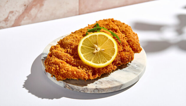 Milanesa de carne con lim&oacute;n sobre m&aacute;rmol