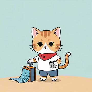 A cartoon cat, wearing clothes, holds a detonator and cup, with a tail curled up. Background is light blue and tan