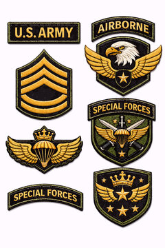 Collection of various U.S. Army military patches and badges including Airborne, Special Forces, and rank insignia.