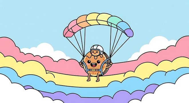A cartoon pancake with a smiling face and helmet, skydiving with a rainbow parachute against a pastel sky with fluffy clouds