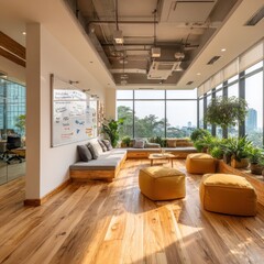 Fototapeta premium Modern office interior with large windows and wooden floor