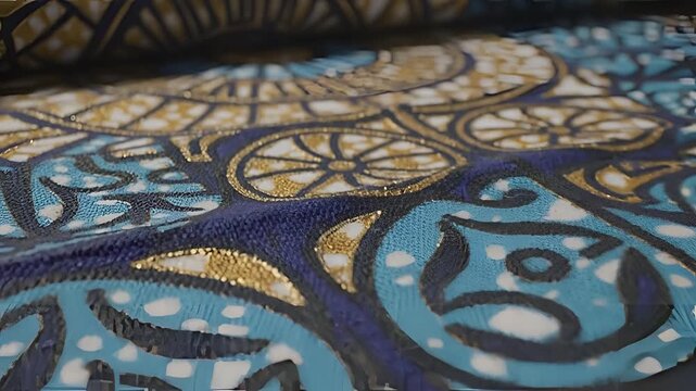 Closeup of a vibrant African fabric with intricate circular patterns in blue and gold.