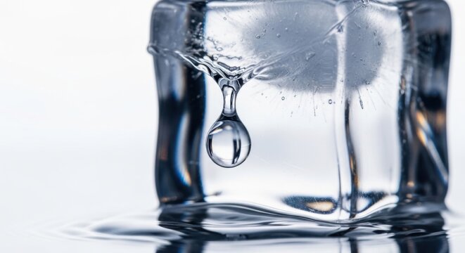 Clear Ice Cube Drops Water Droplet in Glass Block