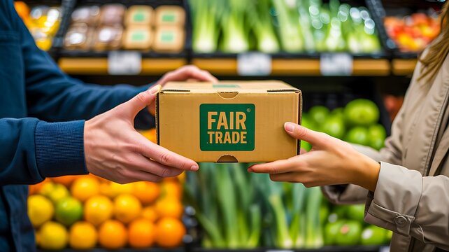 Fair trade product exchange between people in grocery store ethical shopping concept