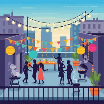A vibrant rooftop party with people, string lights, and decorations