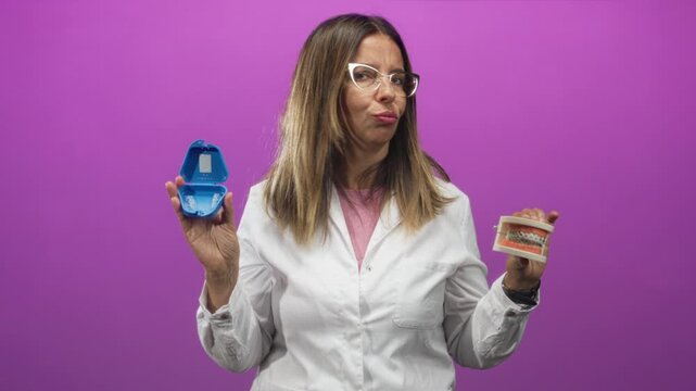 Woman dentist holds clear aligner case and dental model while making mouth o shape gesture in studio; educational guidance.
