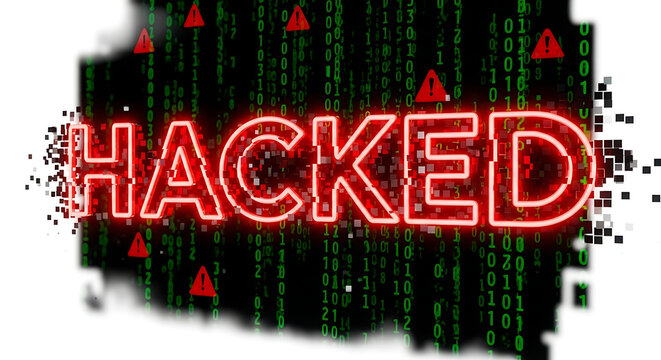 Glowing red "hacked" text on a black background, with green binary, code and warning, symbols cyber attack