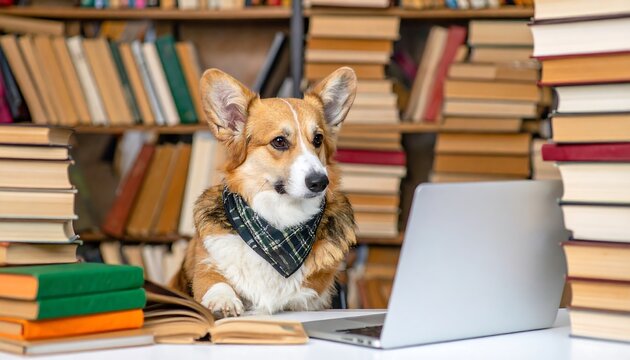Cute corgi with bandana 'working' at a laptop amid piles and shelves of books, creating a studious scene