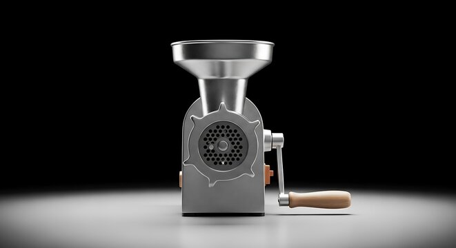 Shiny metal manual meat grinder with wooden handle on black background, detailed view