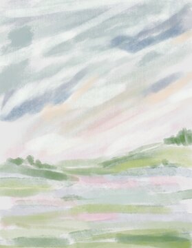 Soft abstract watercolor background with organic green textures and fluid brush strokes. Hand painted digital illustration inspired by natural landscapes, suitable for branding, packaging, wallpaper
