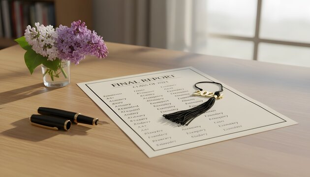 Academic final report card with high grades on a wooden desk with a black graduation tassel and fresh spring lilacs for end of school year concept and student success milestone