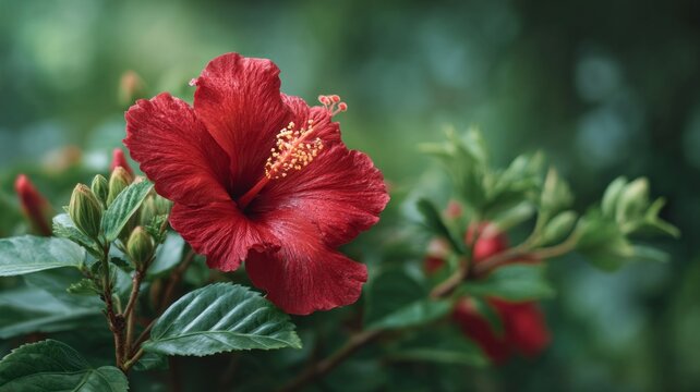 Close-up of a vivid red hibiscus flower with green foliage