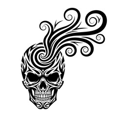 Obraz premium Tribal Skull Tattoo Design with Swirling Smoke, Black and White Vector Art