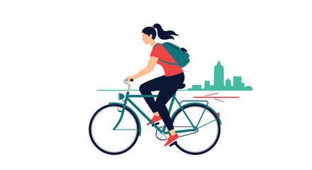 Fototapeta premium Young woman commuting to work on a bicycle with a backpack against a simplified green city skyline background during daytime.