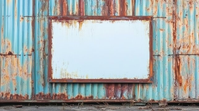 Rustic metal wall with blank weathered sign teal and rust texture