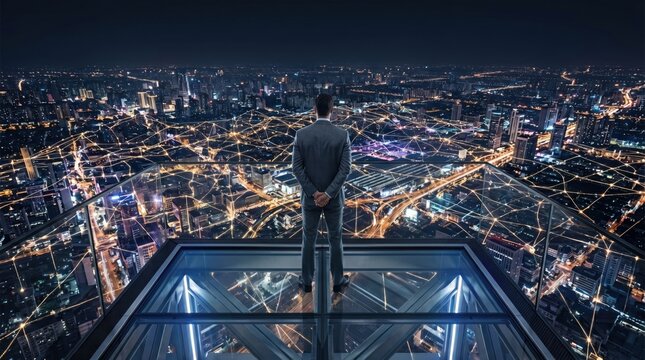 man standing on glass skywalk overlooking cityscape at night